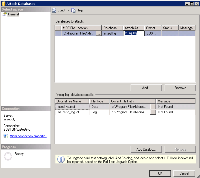 Standard Single-User Installation: Attach the Microsoft SQL Database