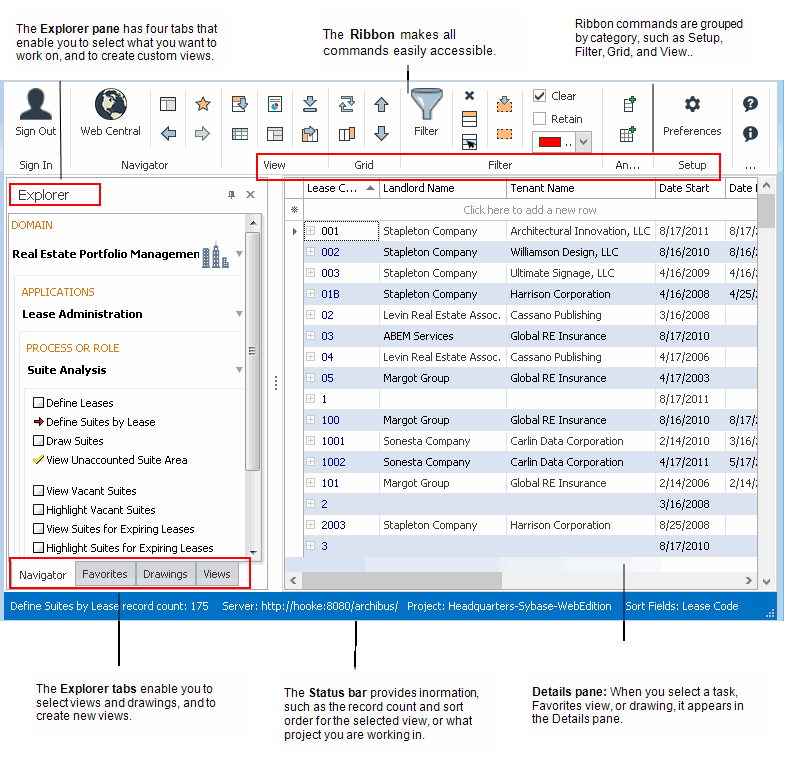 screen shot showing the Explorer panel, status bar, Ribbon toolbar, and Details panel