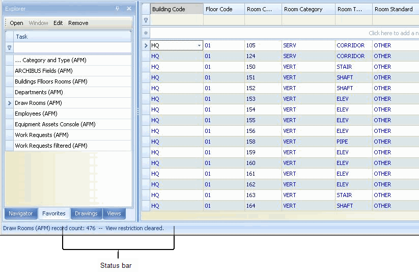 filter definition at the bottom of the grid showing the record count and a confirmation message that the user has cleared the  view restriction