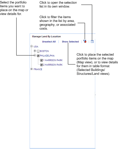 Screen shot of the selection list for the Selected Buildings view