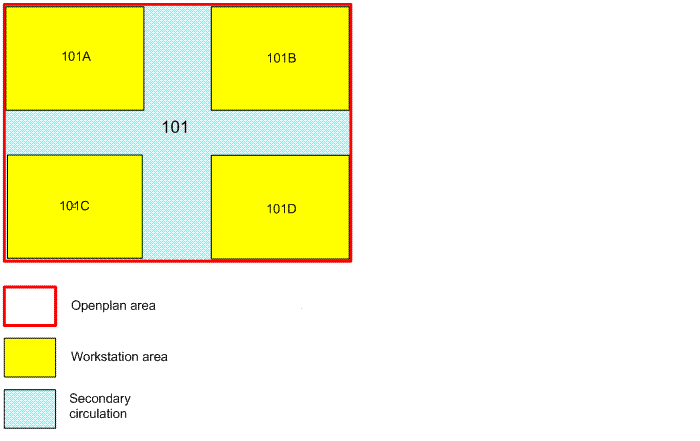 drawing of an open plan with workstations and secondary circulation area