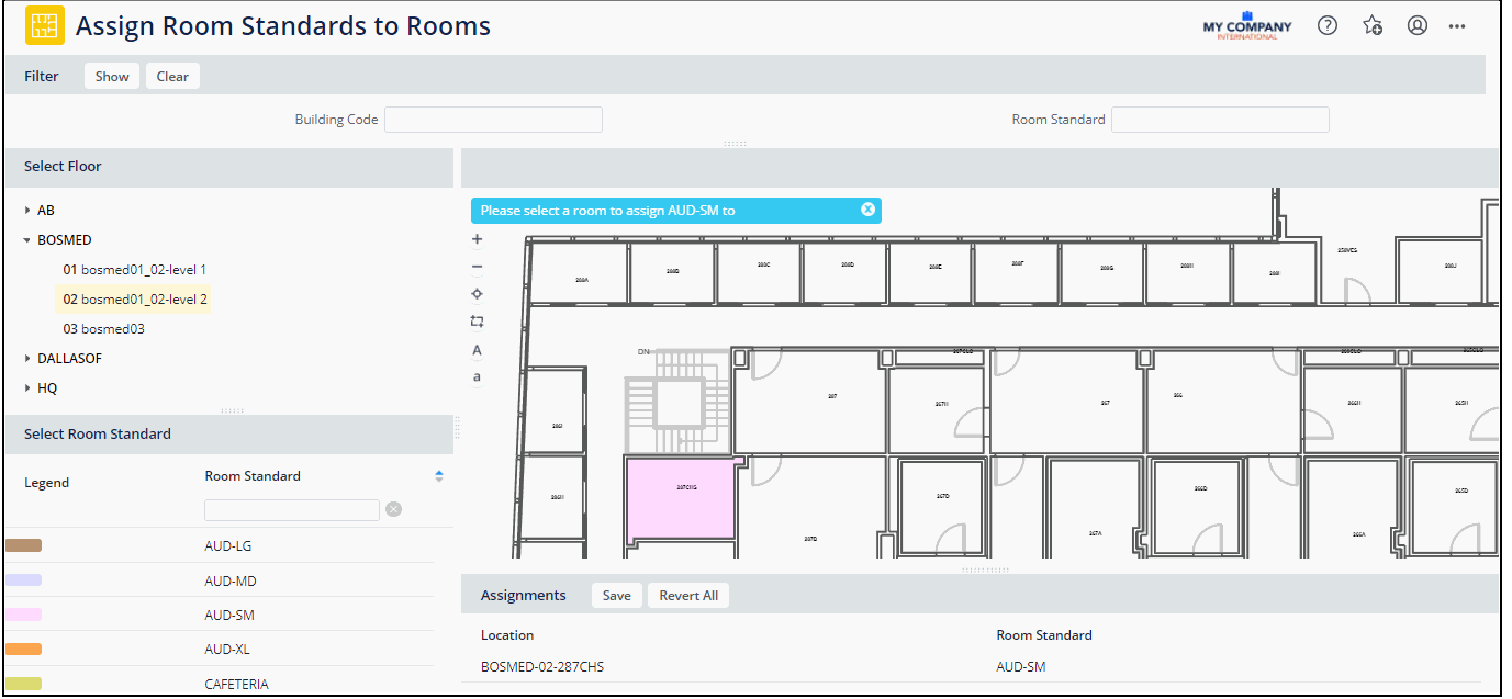 screen shot that shows using the room plan to assign standards to rooms