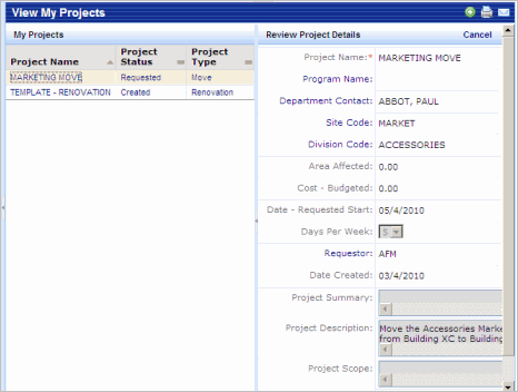 screen shot showing a selection list and a details panel accessed when you select a link in the list