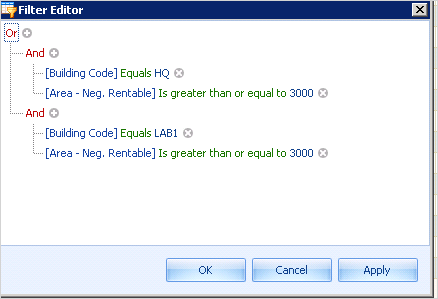 Filter Editor showing a filter that has two condition groups