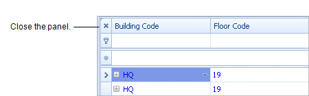 screen shot showing child panel with X to close the child panel and return to the parent-child grid view
