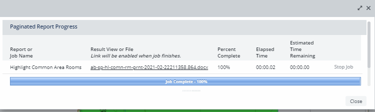 screen shot of the Paginated Report view that shows the progress of the report job and includes a Stop button