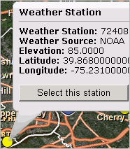 screen shot showing the weather stations popup with the Select Station button. 
