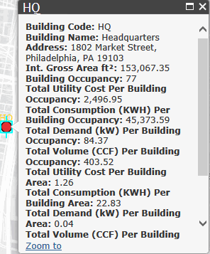 screen shot of the popup that shows basic building information, including energy data