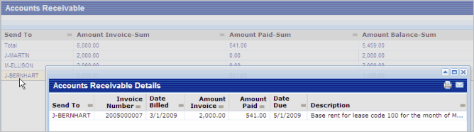 screen shot of an Accounts Receivable report showing popup of invoice details
