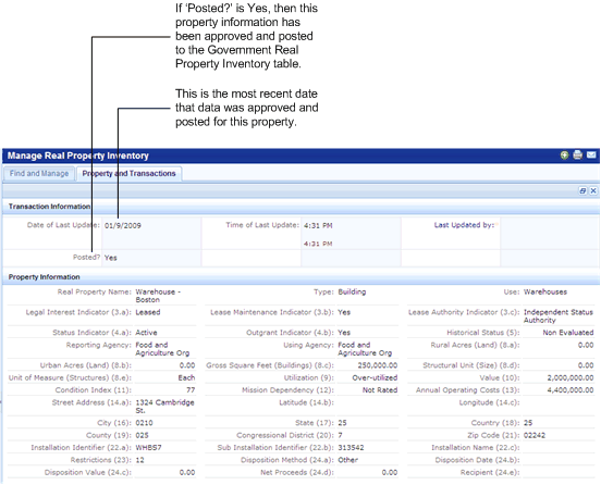 screen shot showing property and transaction information on the Manage Rel Property Inventory view