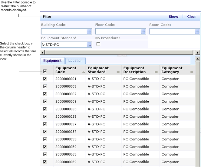 Filter console showing all check boxes checked