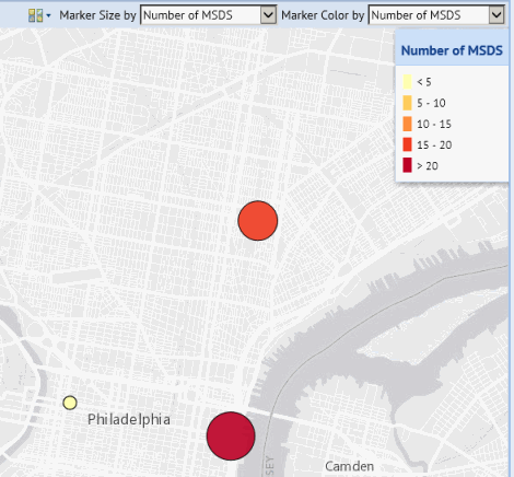 Map view showing markers that are color coded and sized to show the number of SDS they represents.