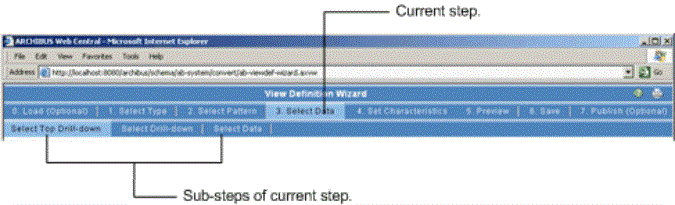 screen shot showing the steps and substeps in the View Definition Wizard