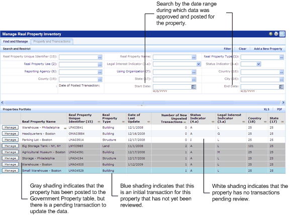 screen shot of the Manage Real Property Inventory view showing the shading that indicates the transactions that need review